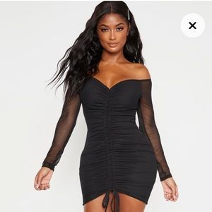 PrettyLittleThing Mesh Black Mini Dress Bardot